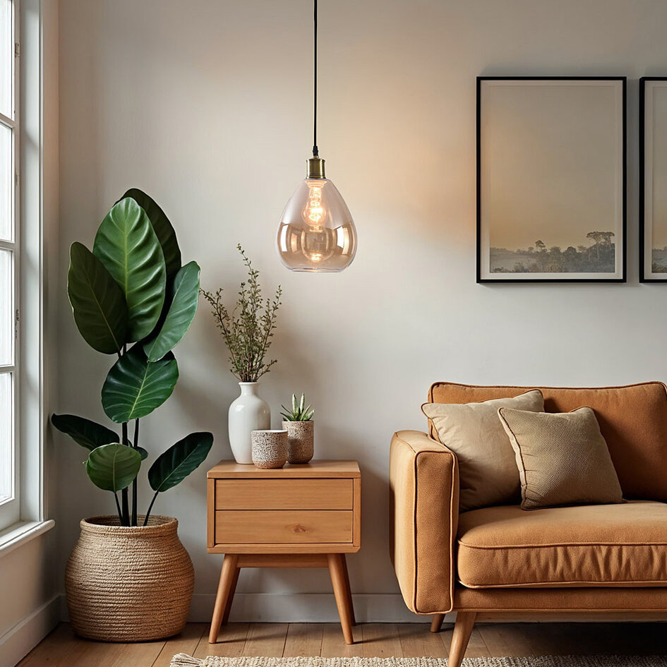 1-lichts hanglamp Verona amber - druppel vorm egaal glas