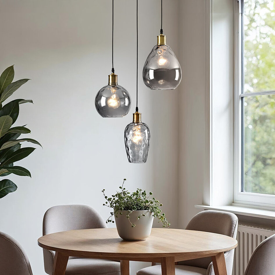 Zwarte hanglamp van smoke glas met bolling 3-lichts  - Verona