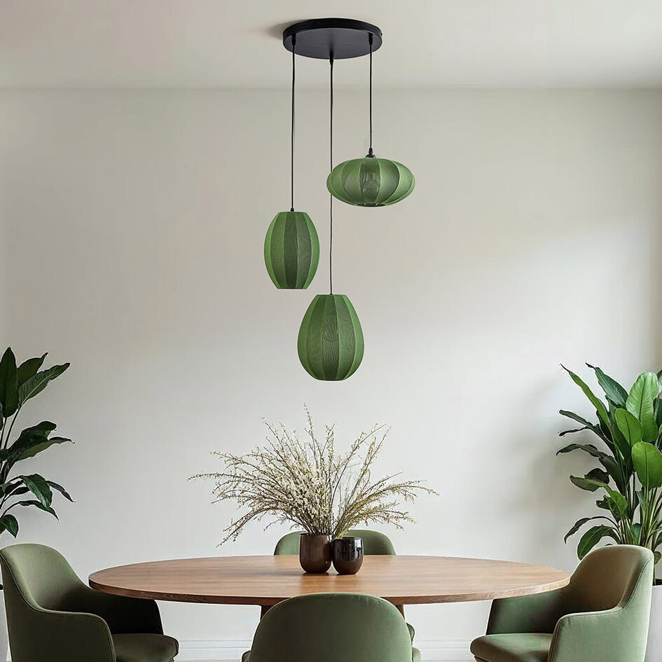 3-lichts japandi hanglamp met groene stoffen lampionnen - Fabrica