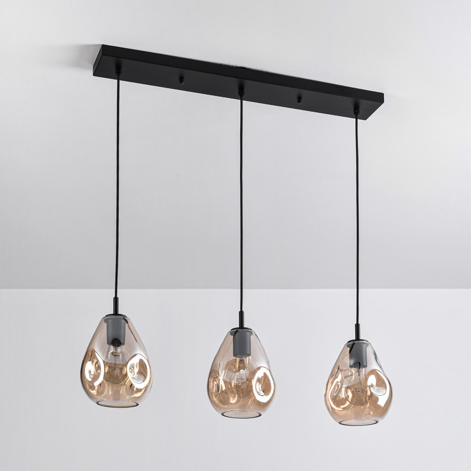 Moderne hanglamp zwart met amber glas Faliste - 3-lichts