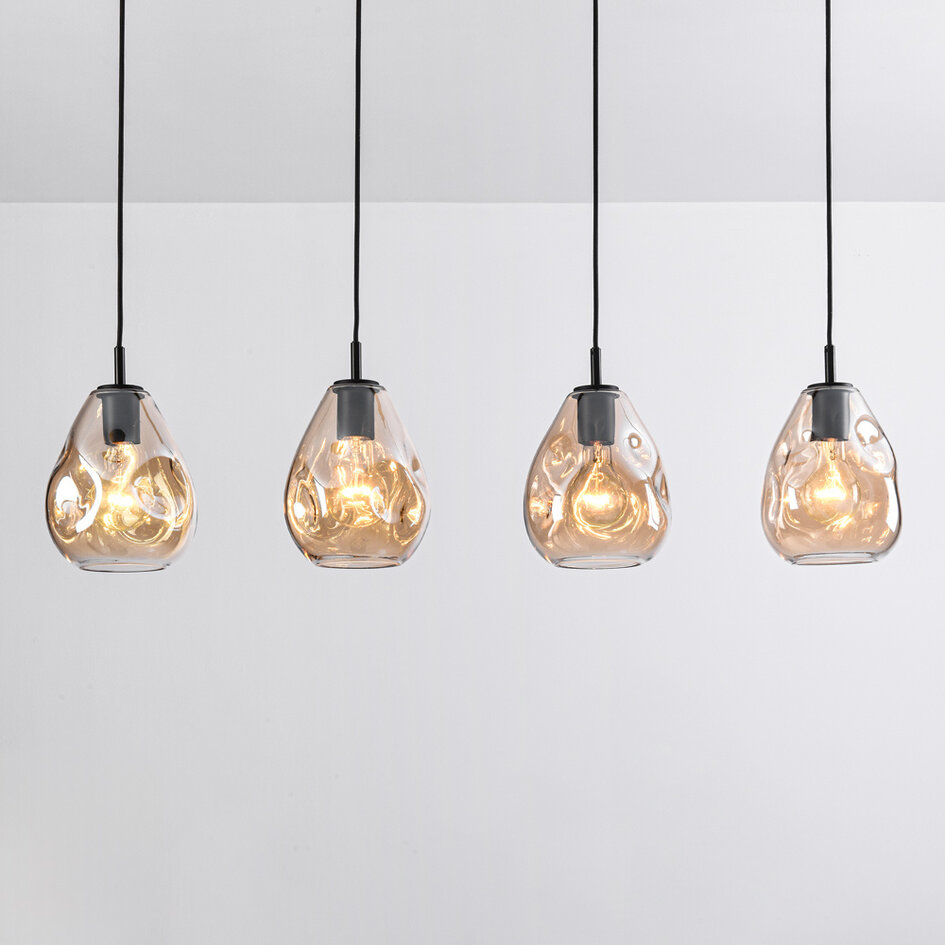 Moderne glazen hanglamp zwart met amber glas, 4-lichts - Faliste