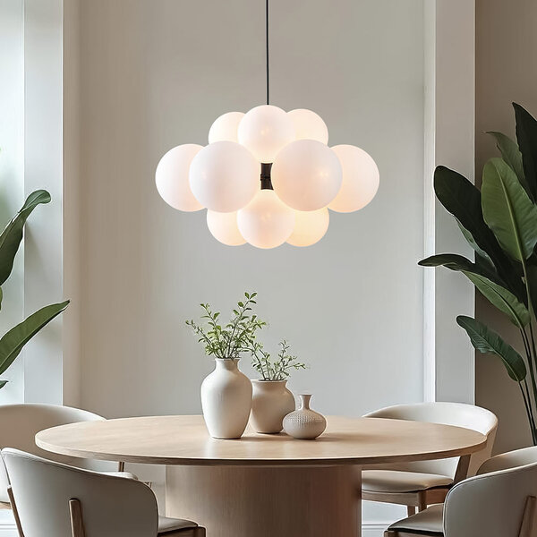 12-lichts hanglamp Decadi - zwart en melkwit glas