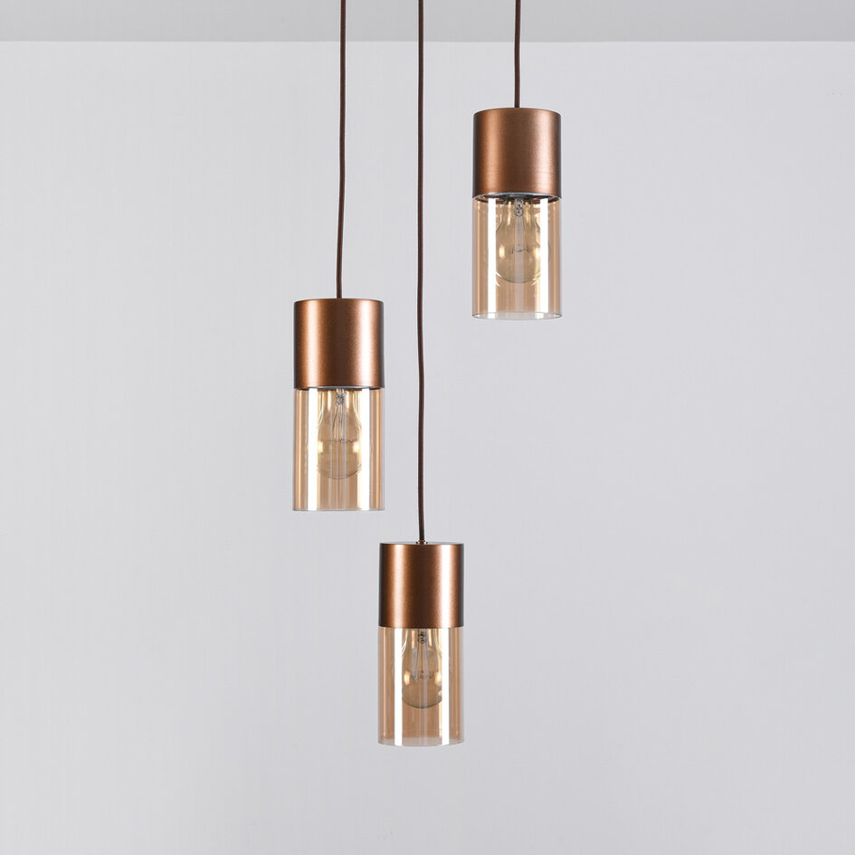 3-lichts design koffiebruine hanglamp met amber glas - Latte