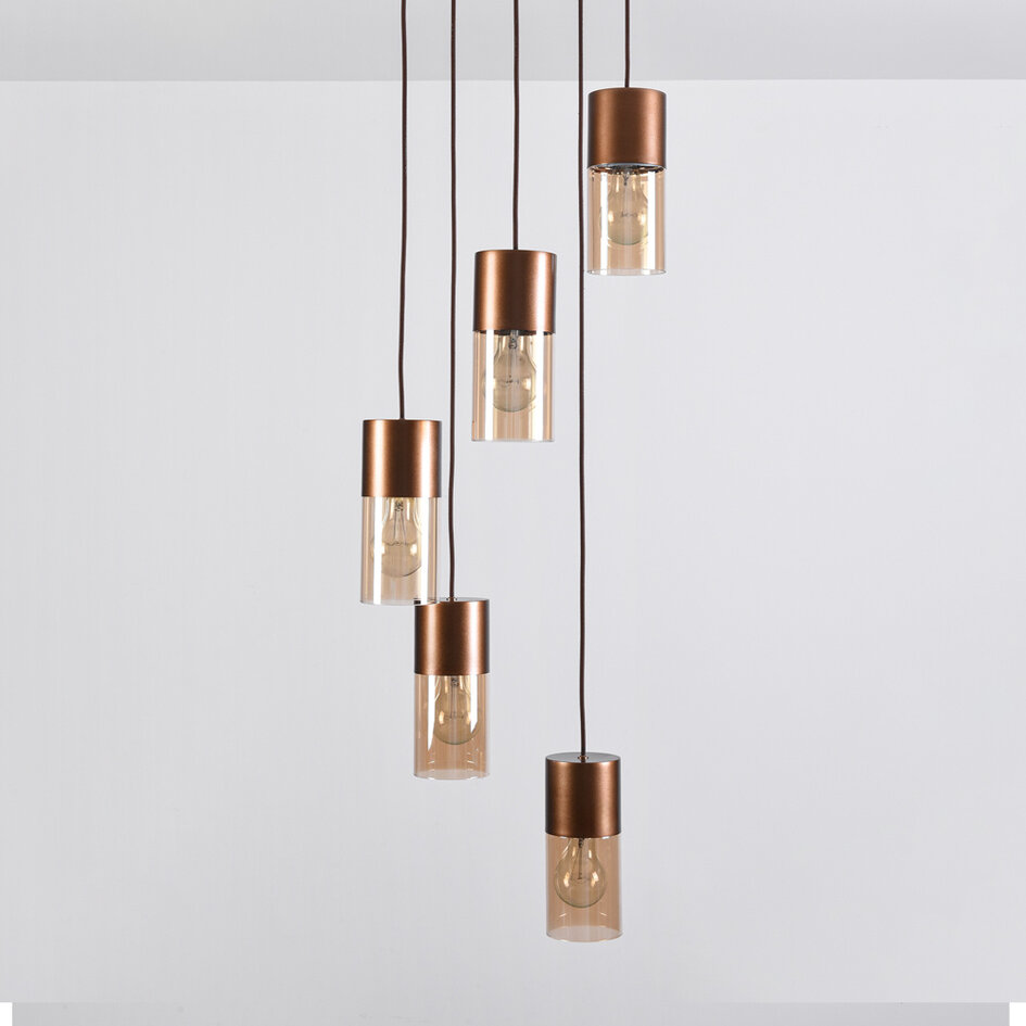 5-lichts hanglamp Cortado - koffiebruin en amber glas
