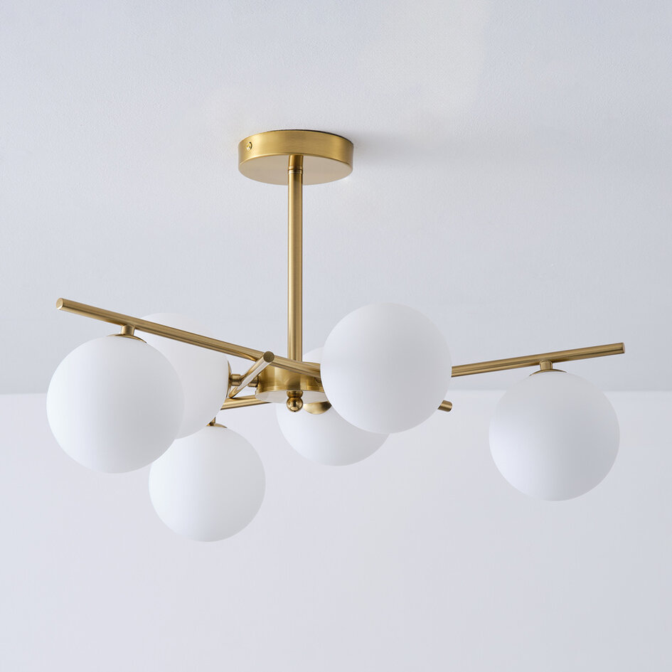 6-lichts plafondlamp Venezia - goud en melkwit glas