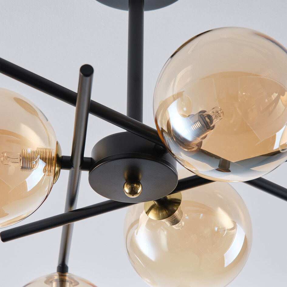 Plafondlamp Venezia zwart met amber glas, 6-lichts