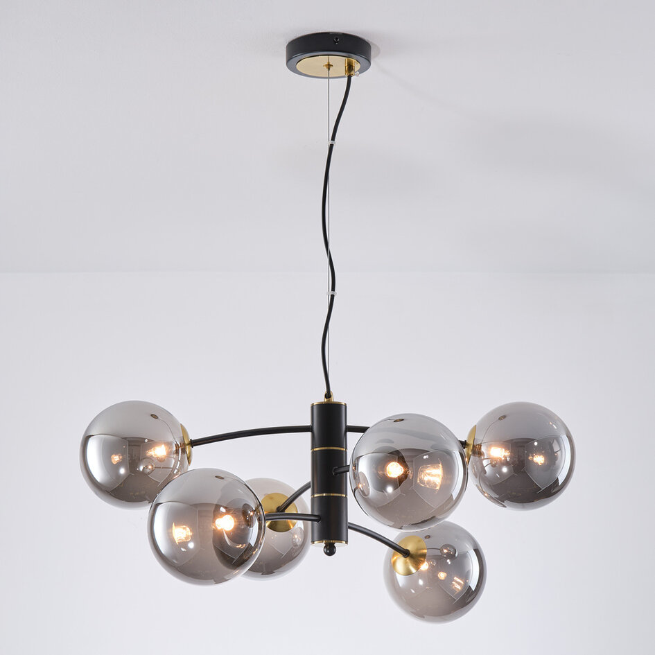 6-lichts hanglamp Murano - zwart en smoke glas