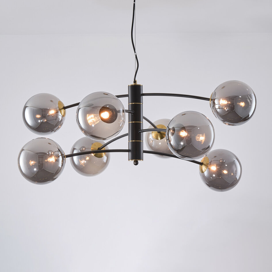 Hanglamp Torino met smoke glas, 8-lichts - zwart