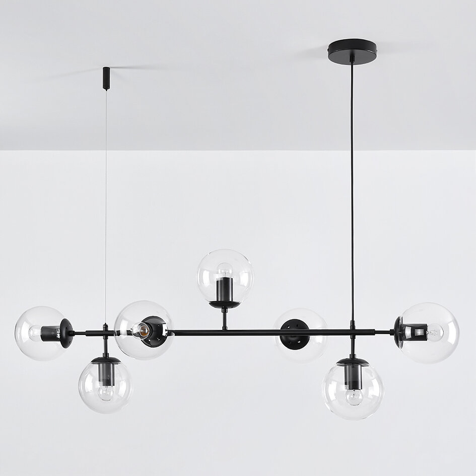 7-lichts hanglamp Hepta - transparant glas en zwart