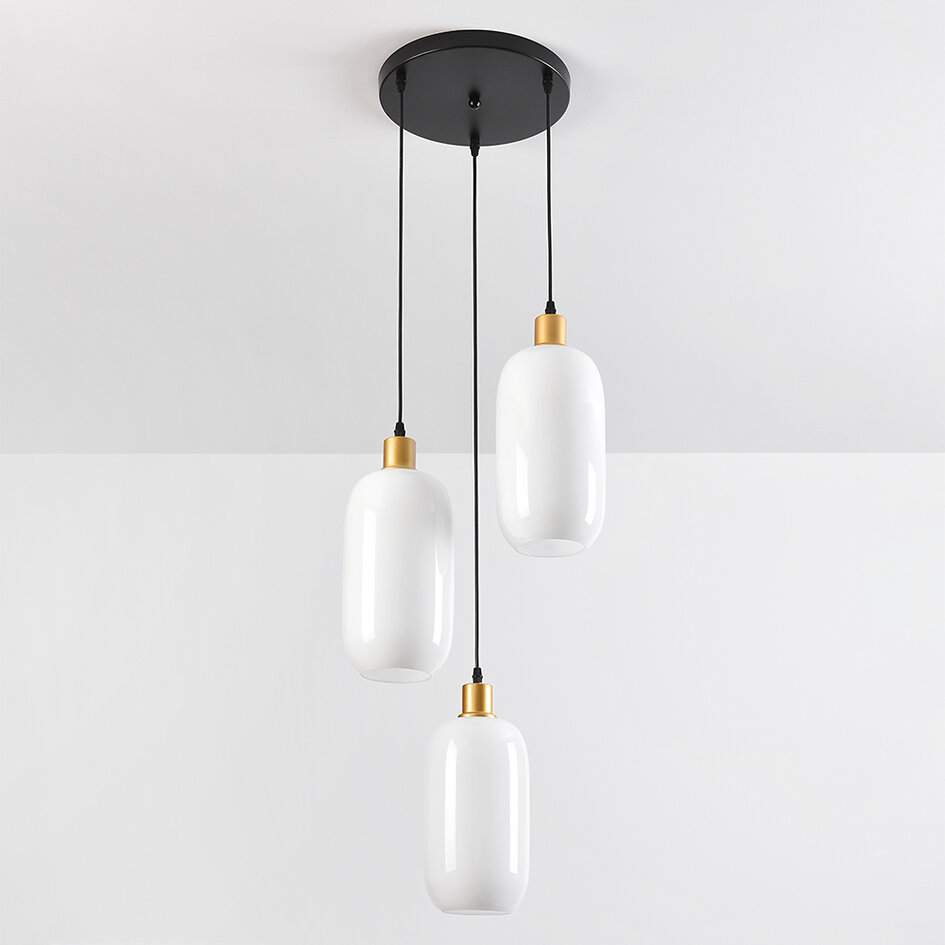 3-lichts hanglamp Laura melkwit glas - zwart en goud