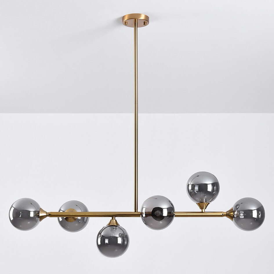 6-lichts hanglamp Aster - goud met smoke glazen bollen