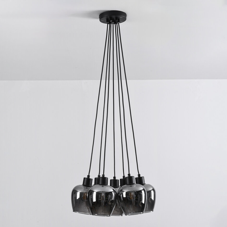 7-lichts hanglamp Ventura - zwart en rookglas