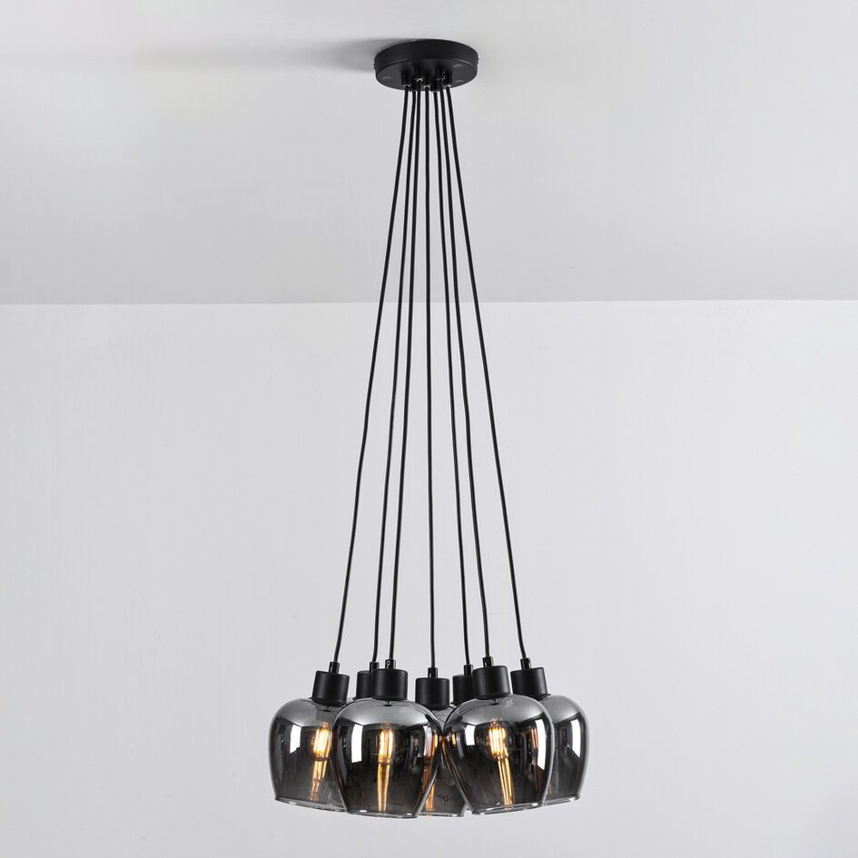 7-lichts zwarte hanglamp met rookglas - Ventura
