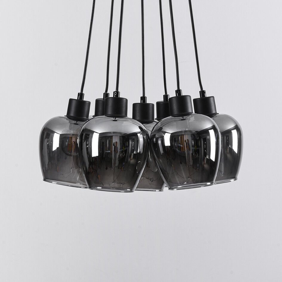 7-lichts hanglamp Ventura - zwart en rookglas