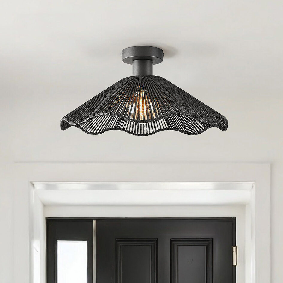 Boho-chic plafondlamp Carta zwart met touw Ø40 cm