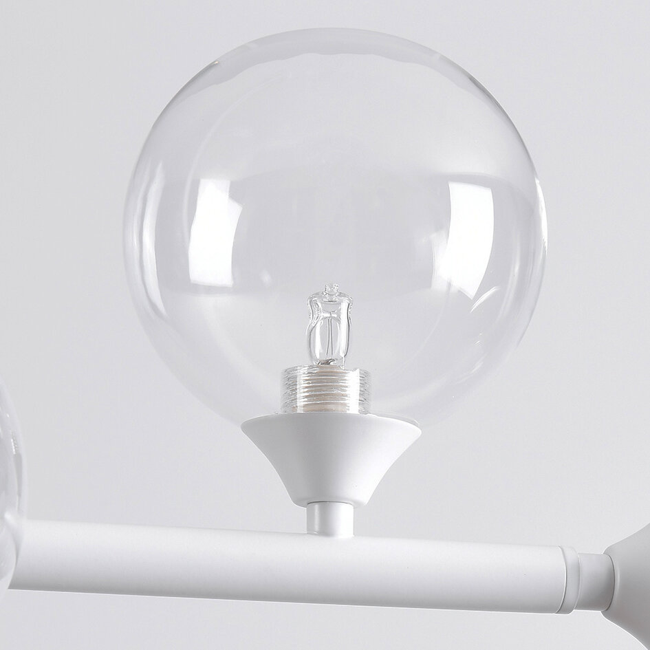 6-lichts hanglamp Aster - wit frame met transparante glazen bollen