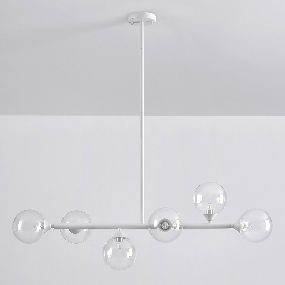 6-lichts hanglamp Aster - wit frame met transparante glazen bollen