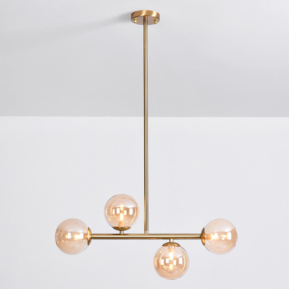 Hanglamp Asun met gouden frame en amber glazen bollen