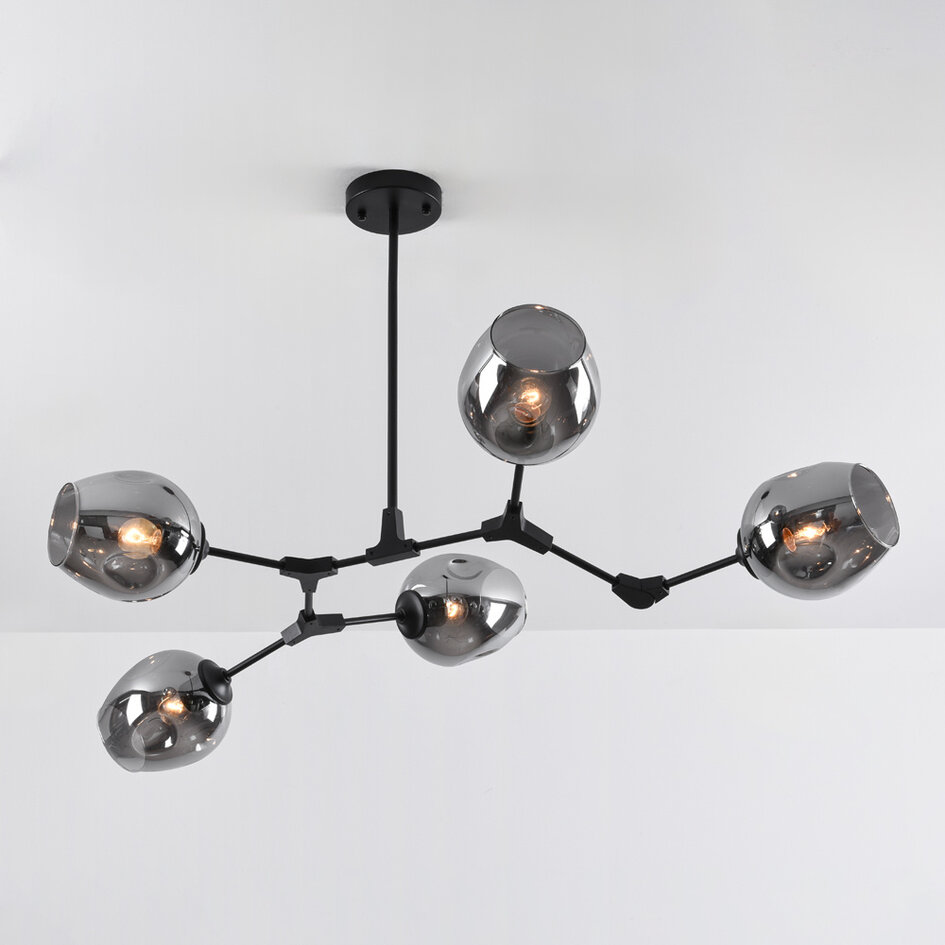 5-lichts hanglamp Thalia - zwart met rookglas