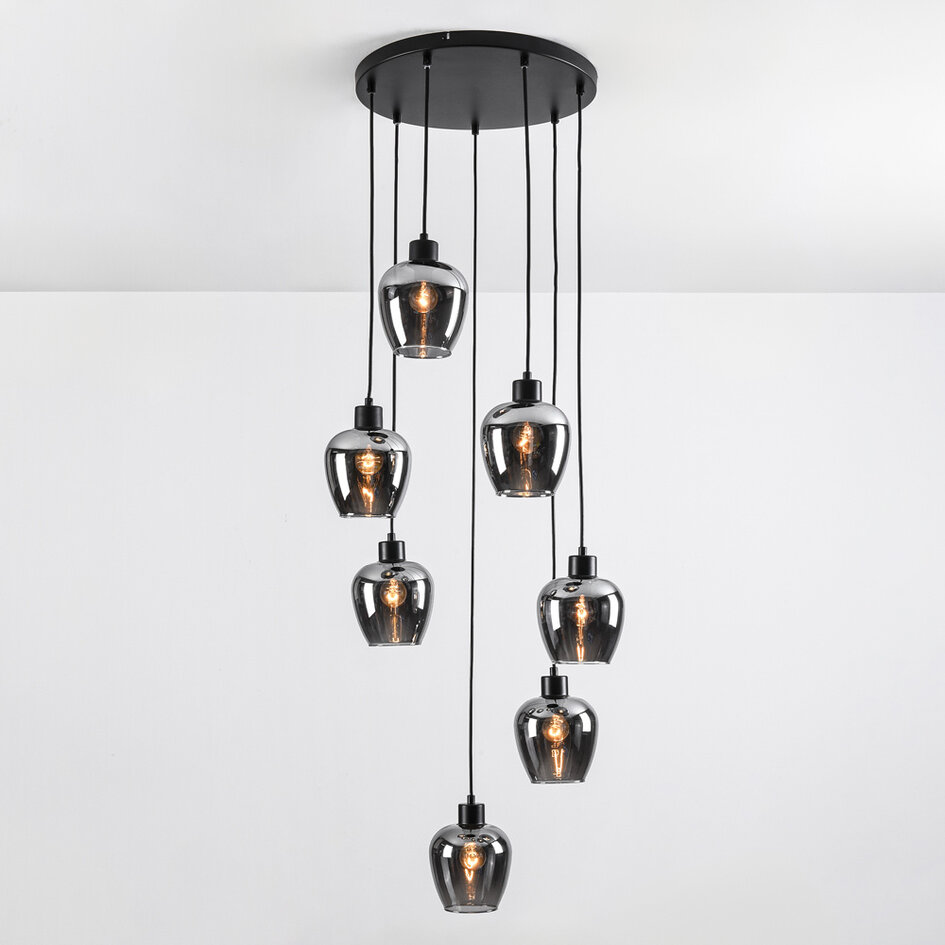 7-lichts hanglamp Hollister - zwart met smoke grijs glas