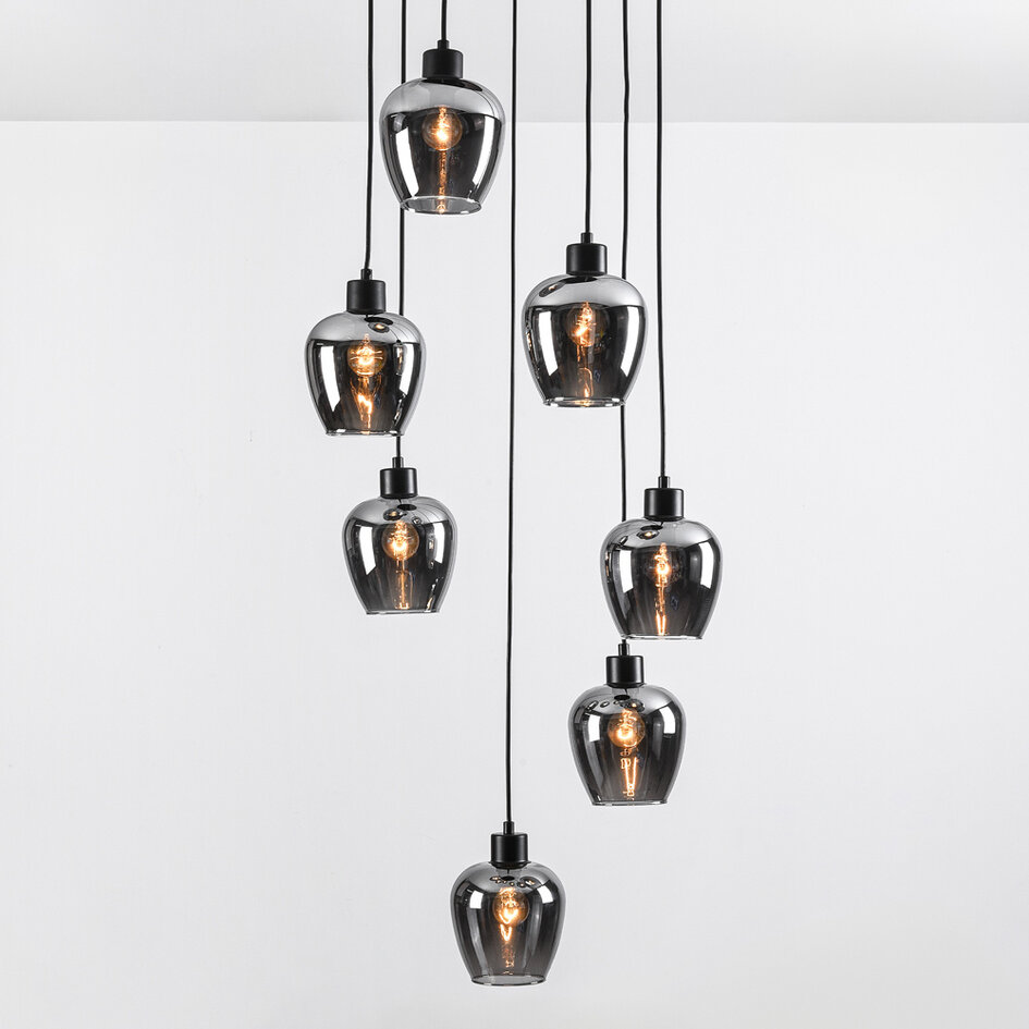 7-lichts hanglamp zwart met smoke grijs glas - Hollister