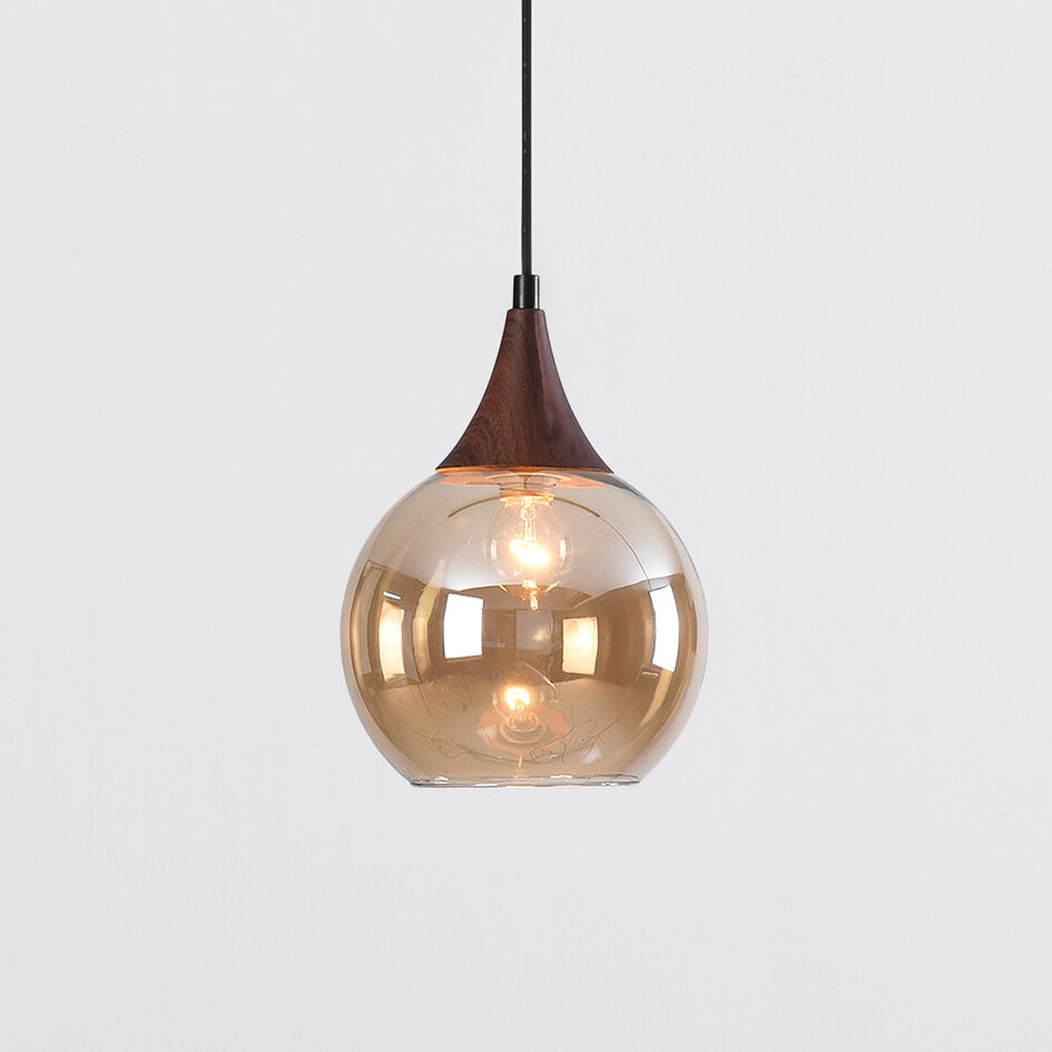 1-fase rail hanglamp Nya met amber rond glas en donkere houtoptiek