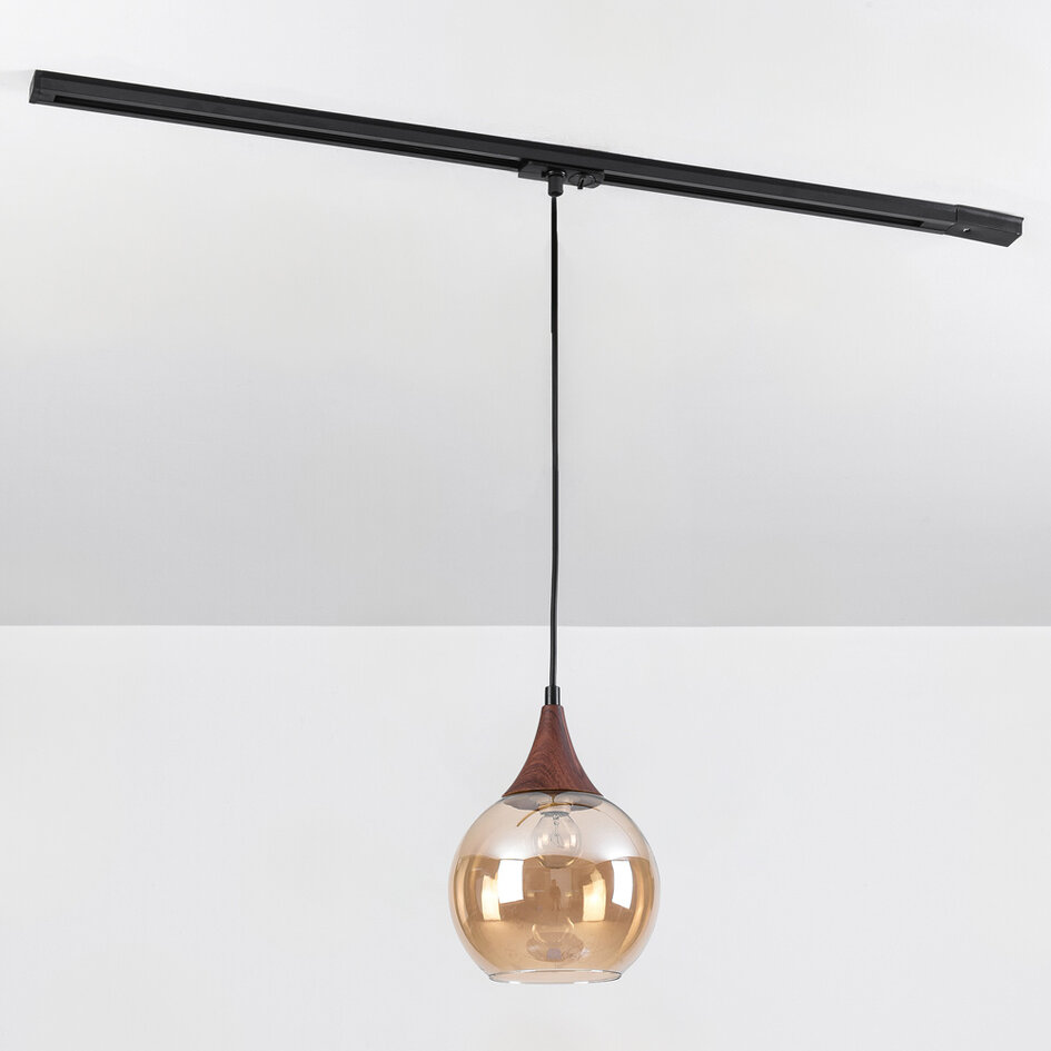 1-fase rail hanglamp Nya met amber glas en donkere houtoptiek - rond