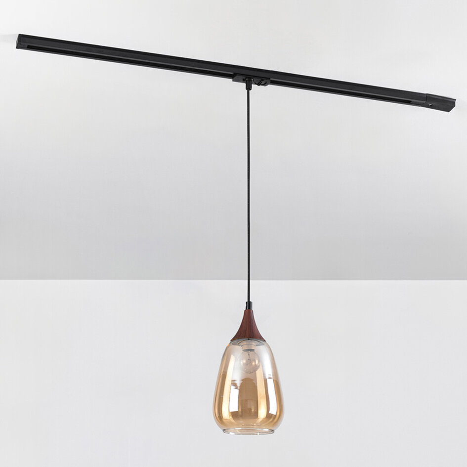 1-fase rail hanglamp Noi met amber glas en donkere houtoptiek - druppel