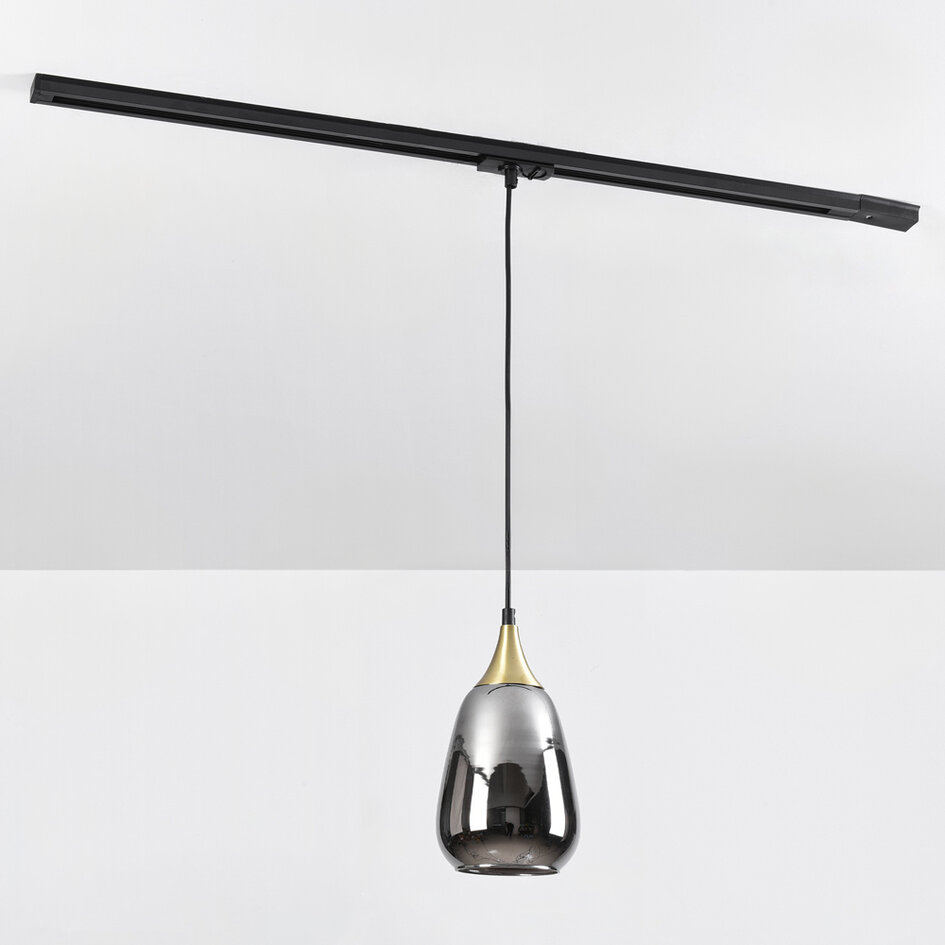 1-fase rail hanglamp Noi goud met smoke druppelvormig glas en spiegeleffect