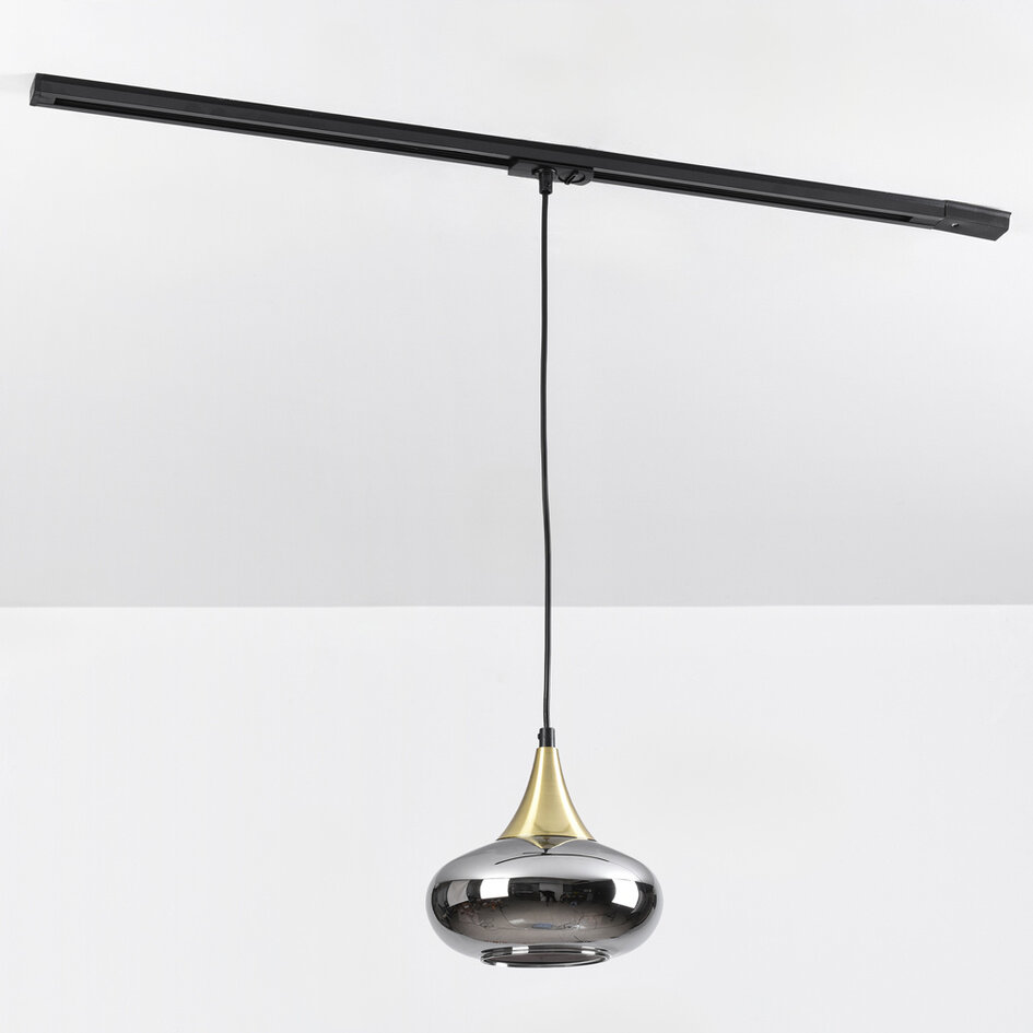 1-fase rail hanglamp Nill goud met smoke breed glas en spiegeleffect