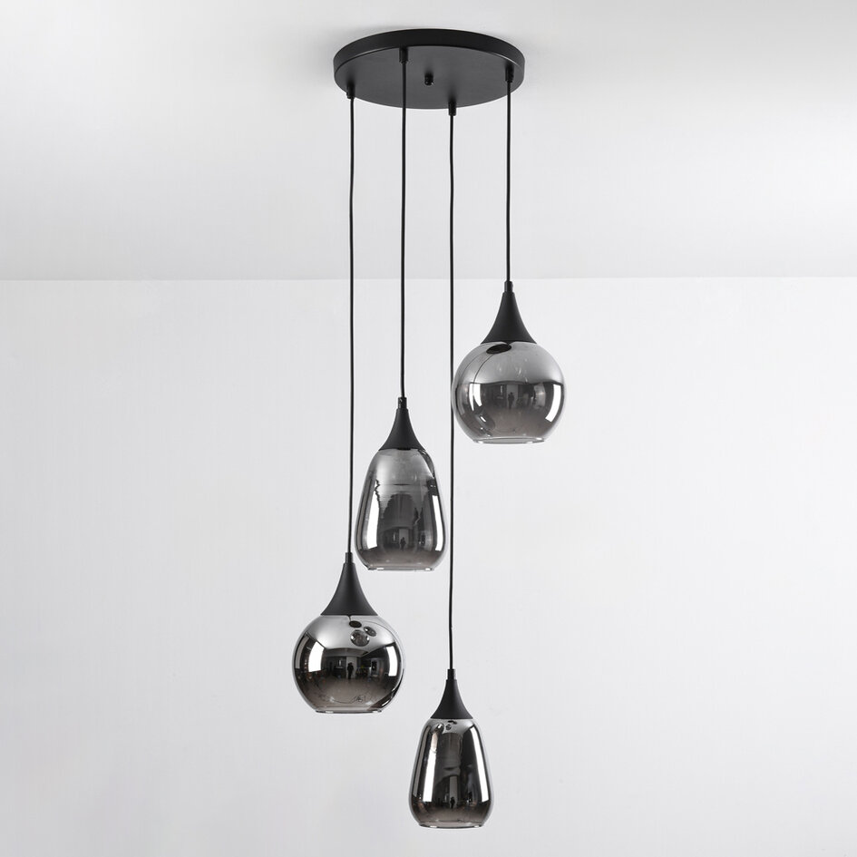 4-lichts hanglamp Loua - zwart en smoke glas