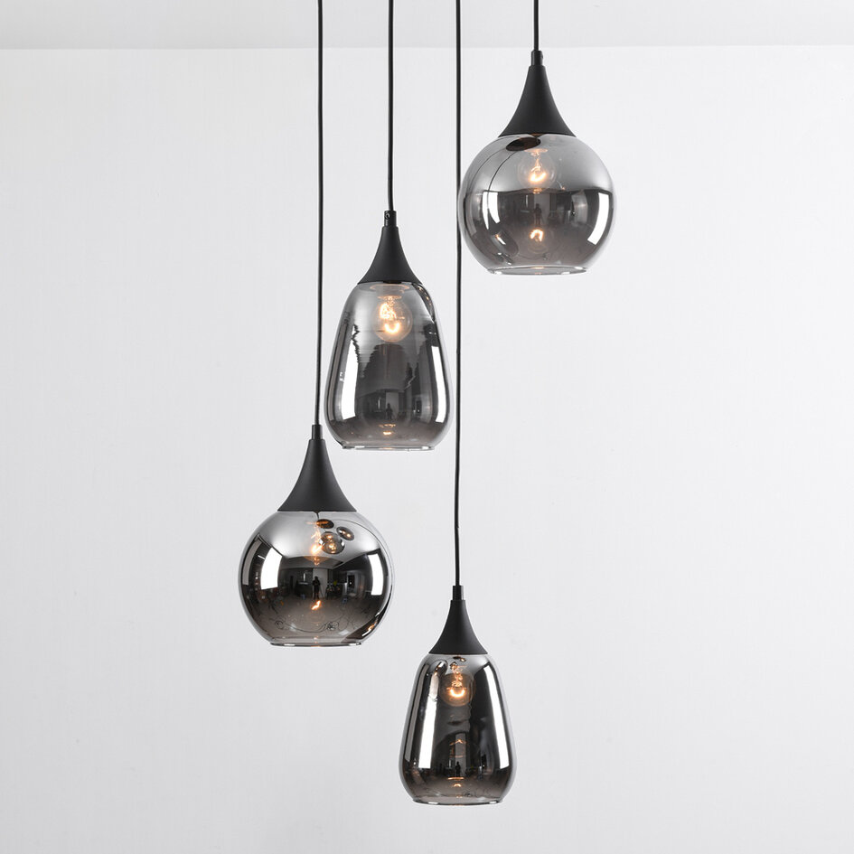 Hanglamp Loua zwart met smoke glas, 4-lichts