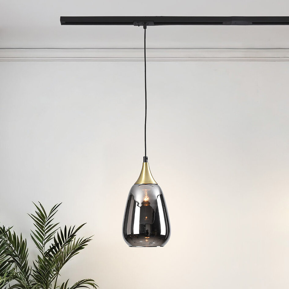 1-fase rail hanglamp Noi goud met smoke glas - druppel