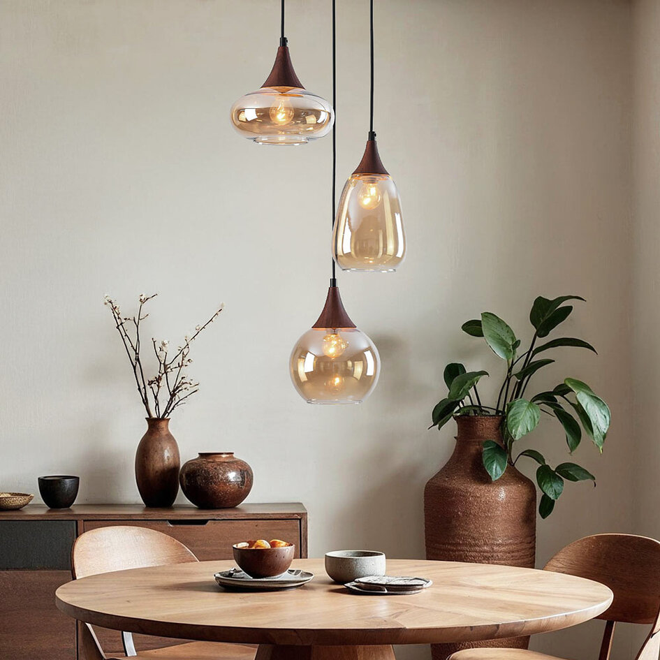 Hanglamp met amber glas en donkere houtoptiek, 3-lichts - Loua