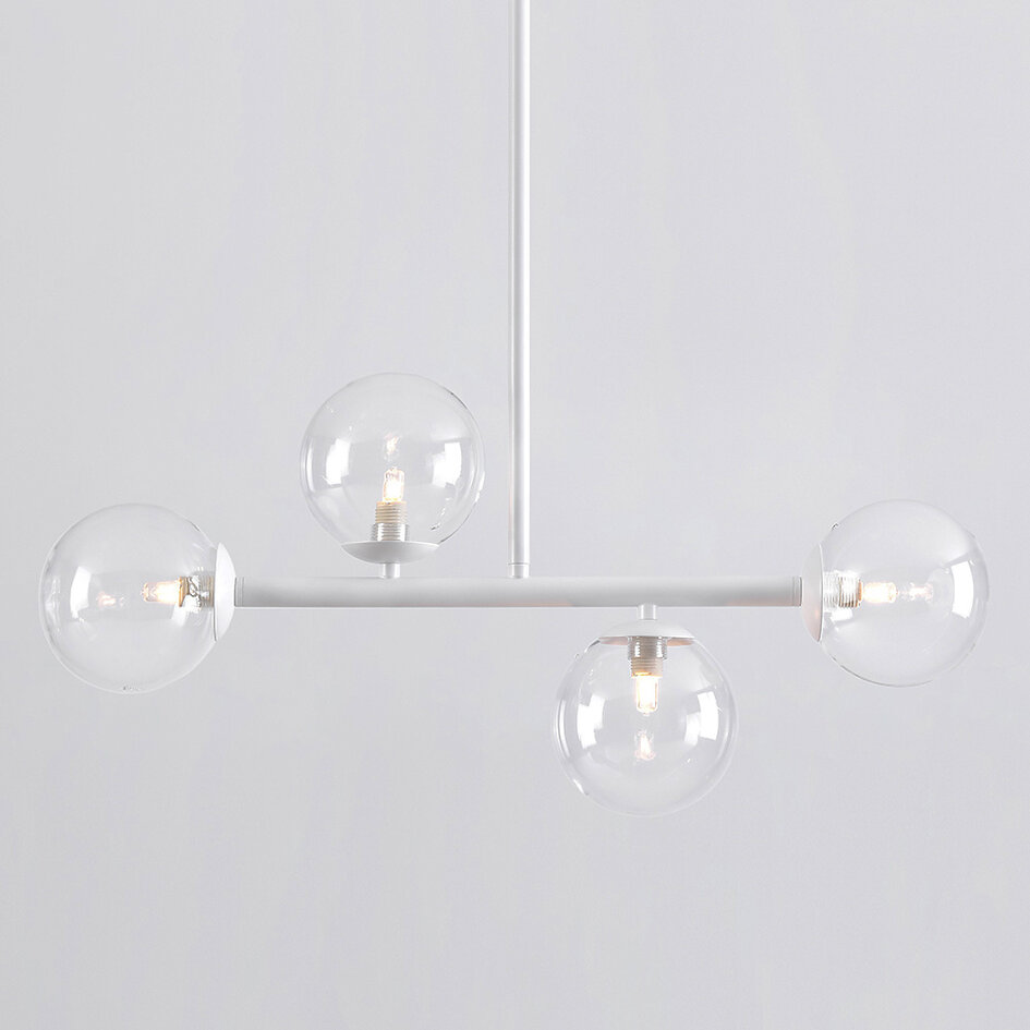4-lichts hanglamp Asun - wit frame met transparante glazen bollen