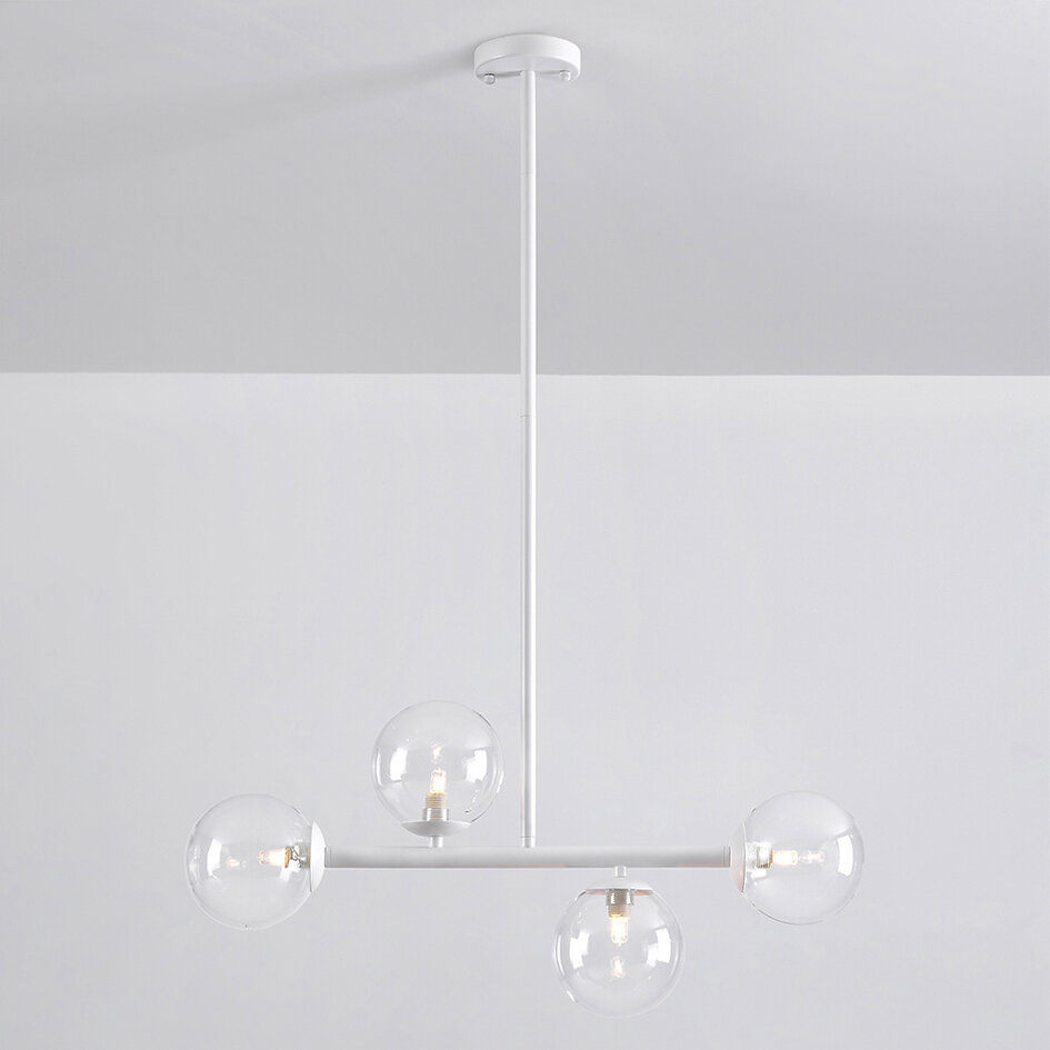 4-lichts hanglamp Asun - wit frame met transparante glazen bollen