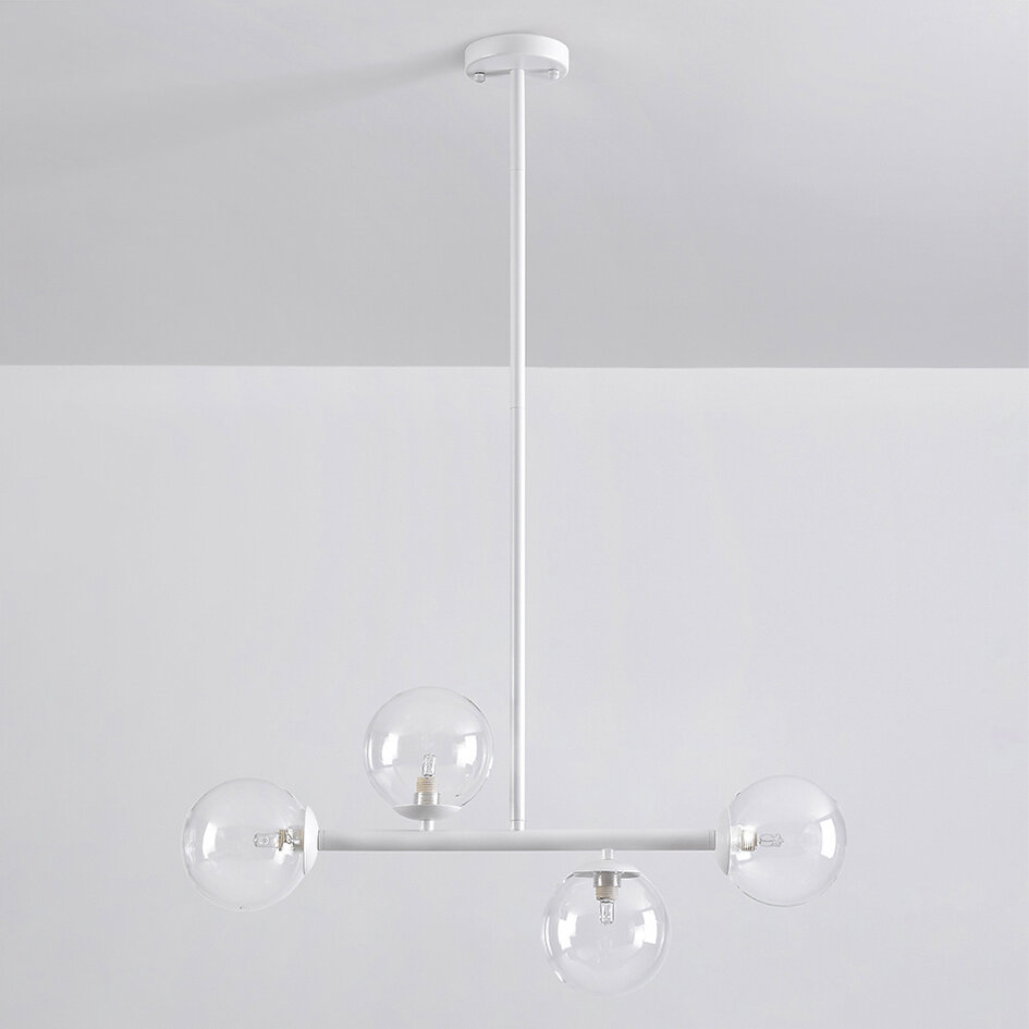 4-lichts hanglamp Asun - wit frame met transparante glazen bollen