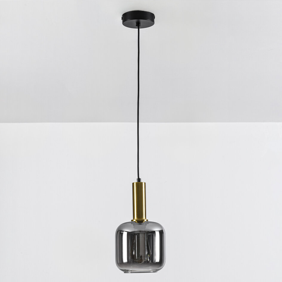 1-lichts hanglamp Appeso - zwart, goud en smoke glas