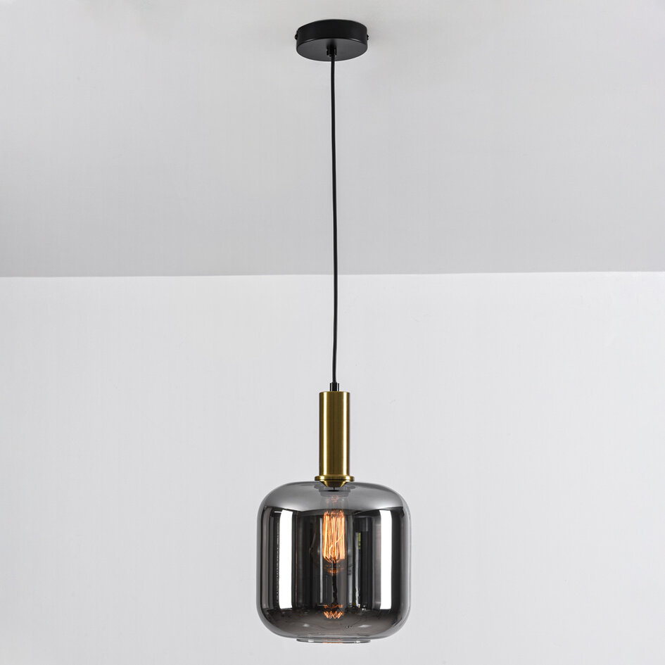 Zwarte design hanglamp goud en rookglas - Basso