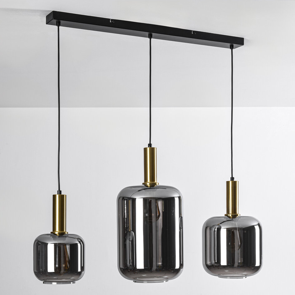 3-lichts zwart met gouden hanglamp Tectos met smoke glas