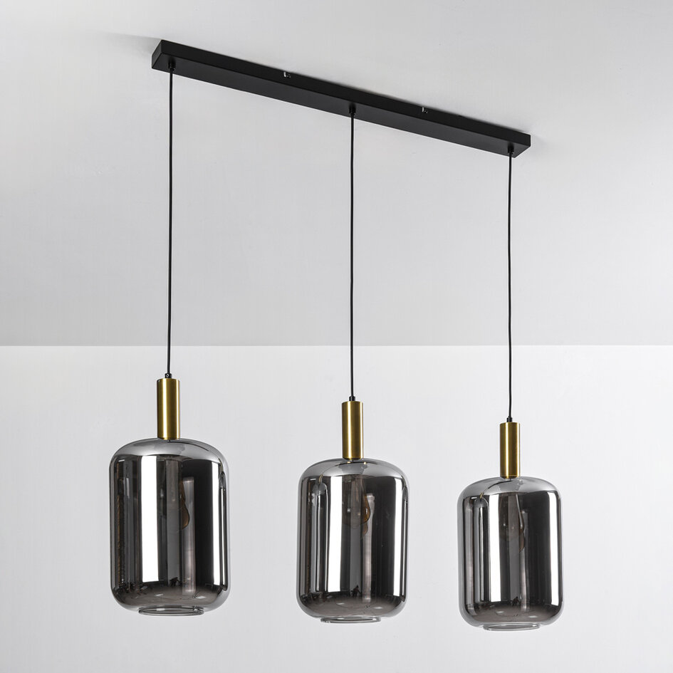 3-lichts zwart met gouden hanglamp met smoke glas - Teto