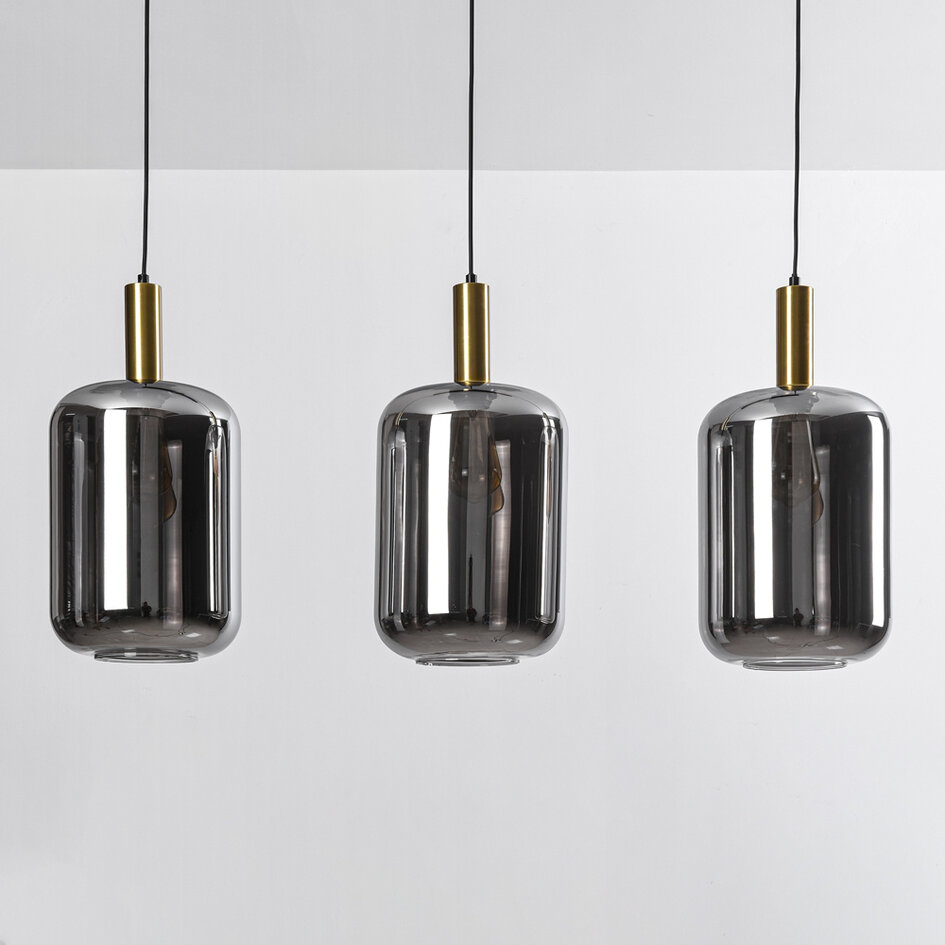 3-lichts hanglamp Teto - zwart, goud en smoke glas