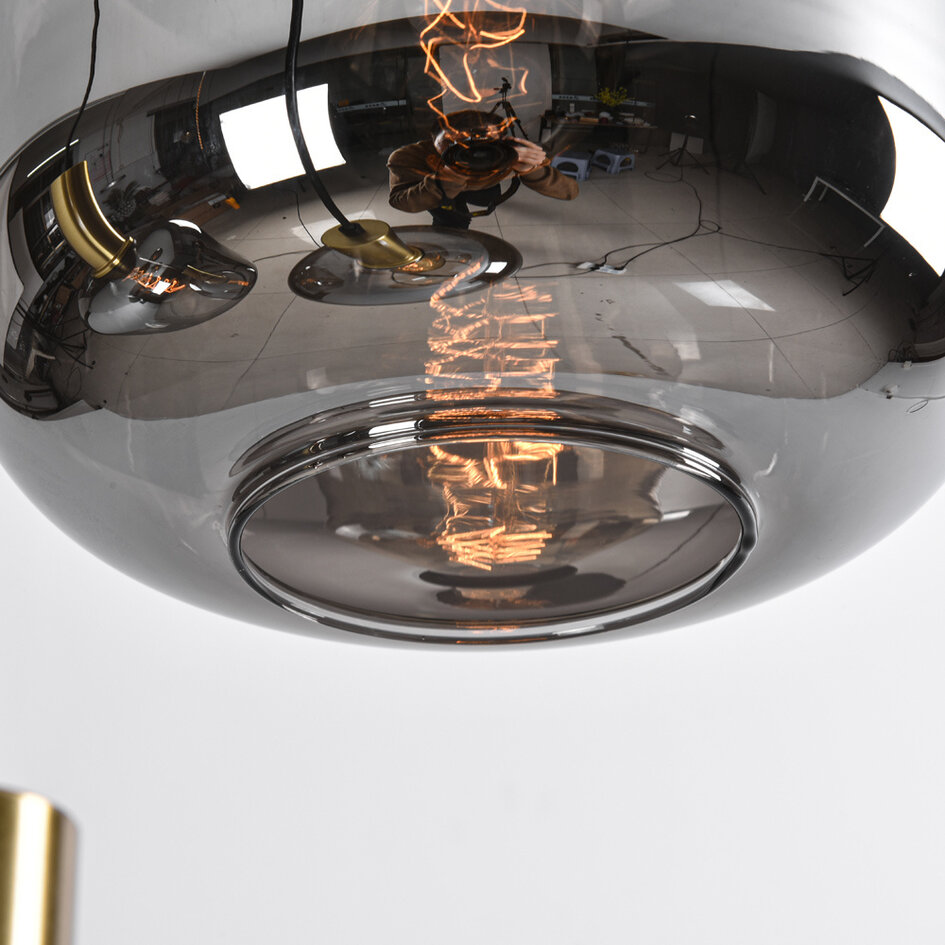 Design hanglamp zwart met smoke glas en gouden details, 5-lichts - Cinque