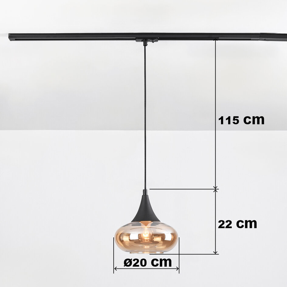 1-fase rail hanglamp Nill met amber glas - breed glas