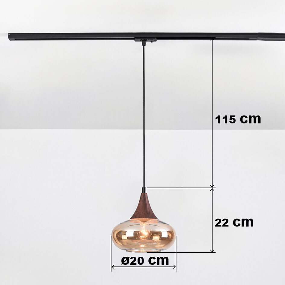 1-fase rail hanglamp Nill met amber glas en donkere houtoptiek - breed glas