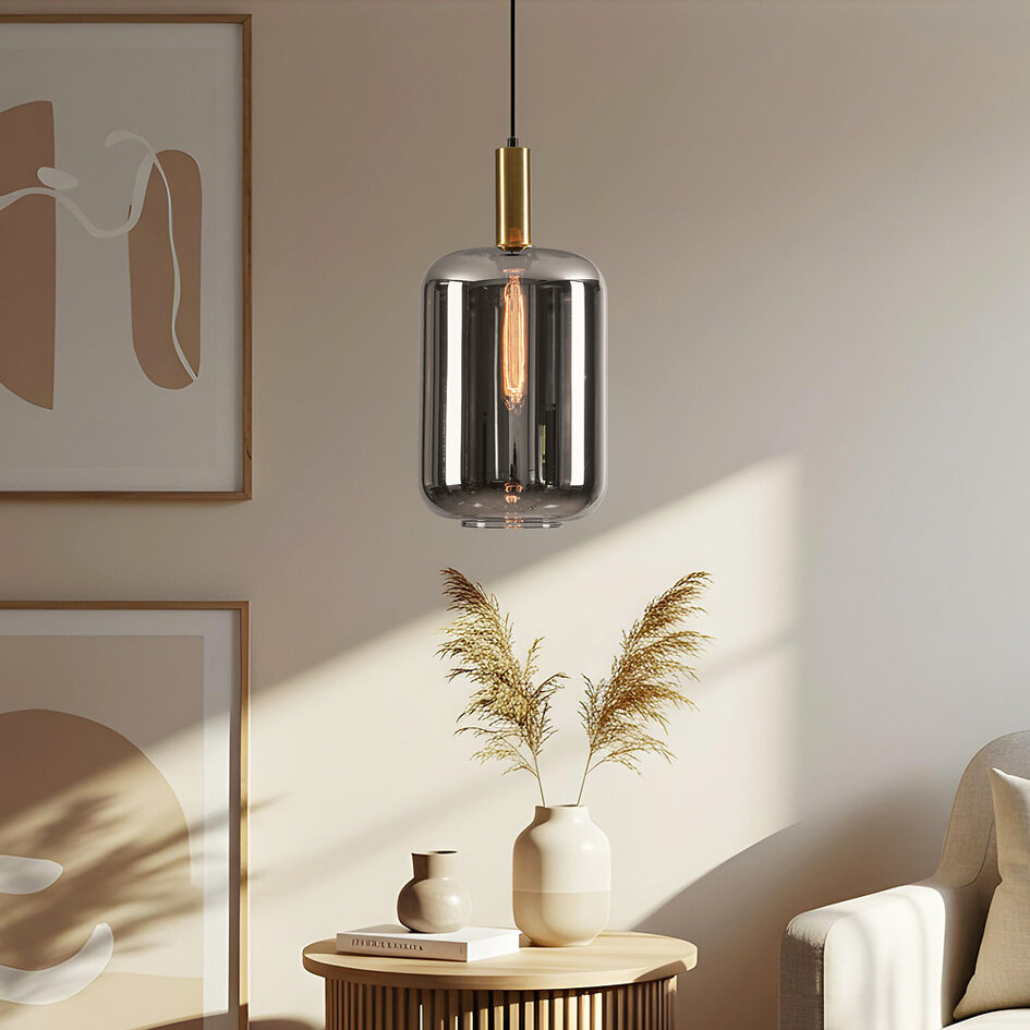 1-lichts hanglamp Sofito - zwart, goud en smoke glas