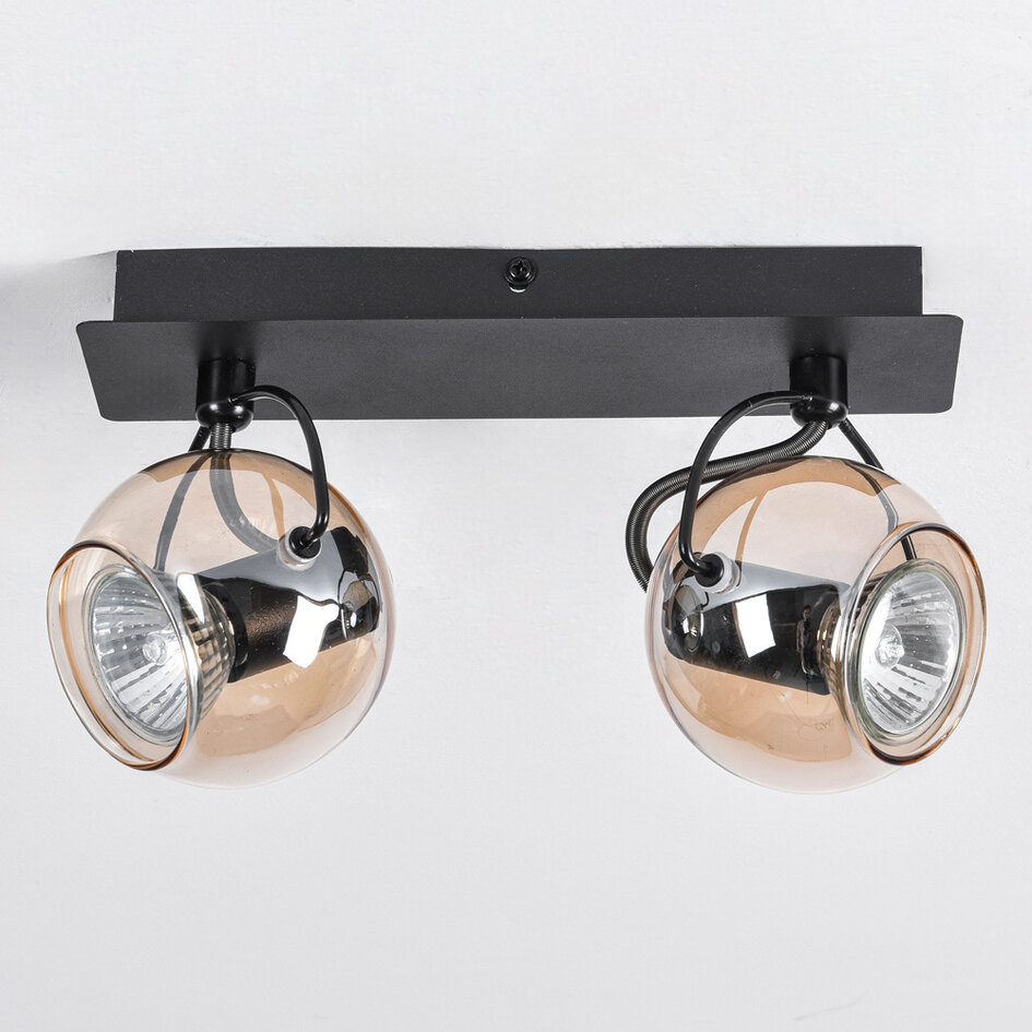 Moderne plafondlamp met amber glas en 2 spots, zwart - Jari