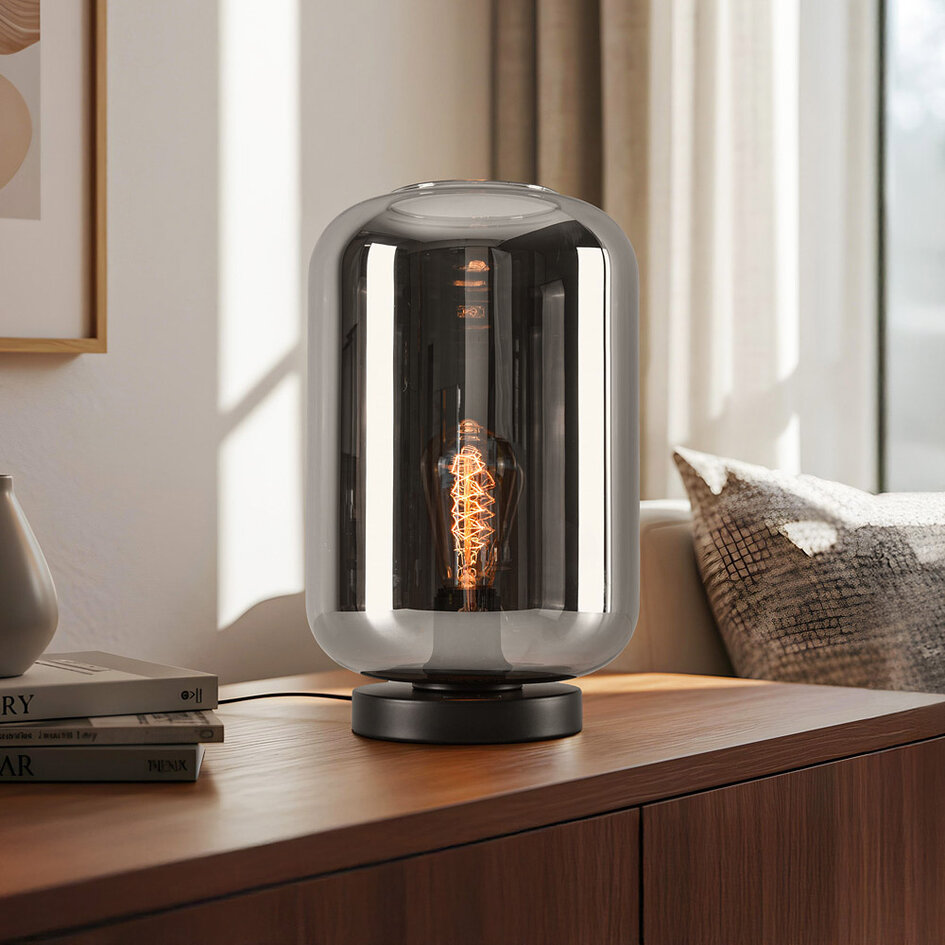 Moderne glazen tafellamp zwart met smoke glas - Solo