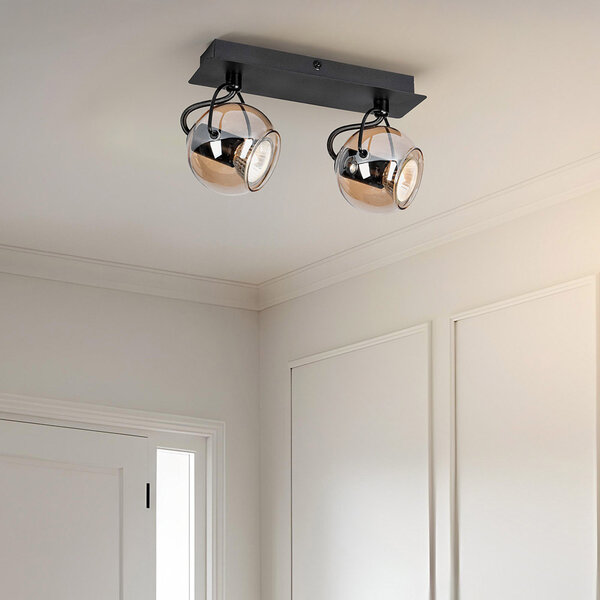 Moderne plafondlamp met amber glas en 2 spots, zwart - Jari