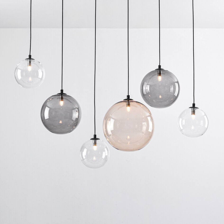 6-lichts hanglamp Lumora - smoke, amber en transparant glas